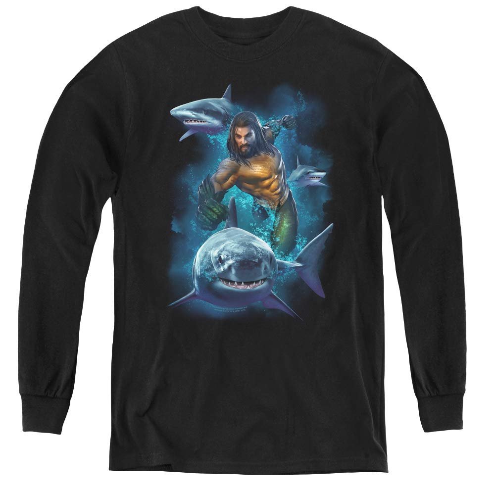 Aquaman Movie Swimming with Sharks Youth Long Sleeve T Shirt, Medium
