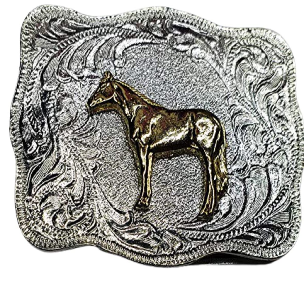 3D Western Gold Standing Horse Silver Belt Buckle Kids Youth 2" x 2 5/8" USA