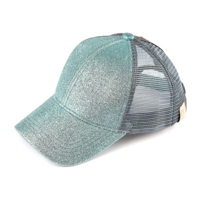C.C Kids Glitter Ponytail Baseball Cap Sparkly Toddler Trucker Hat for Girls with Messy Bun Slot, Adjustable Velcro, Fits 20"-21" Head Circumference (Ages 2-5) (Mint)