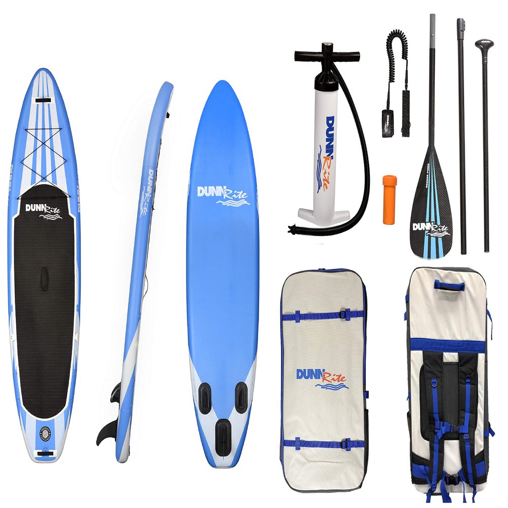Dunnrite Products Inflatable Stand Up Paddle Board Kit (SUP with Paddle, Backpack Travel Bag, Pump, Fins, & Coiled Leash) (Blue and White)