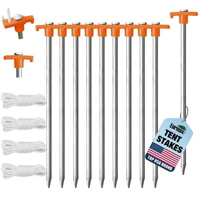 Eurmax USA Galvanized Non-Rust Camping Family Tent Pop Up Tent Stakes Canopy Anchors Heavy Duty 10pc-Pack, with 4x10ft Ropes & 1 Orange Stopper
