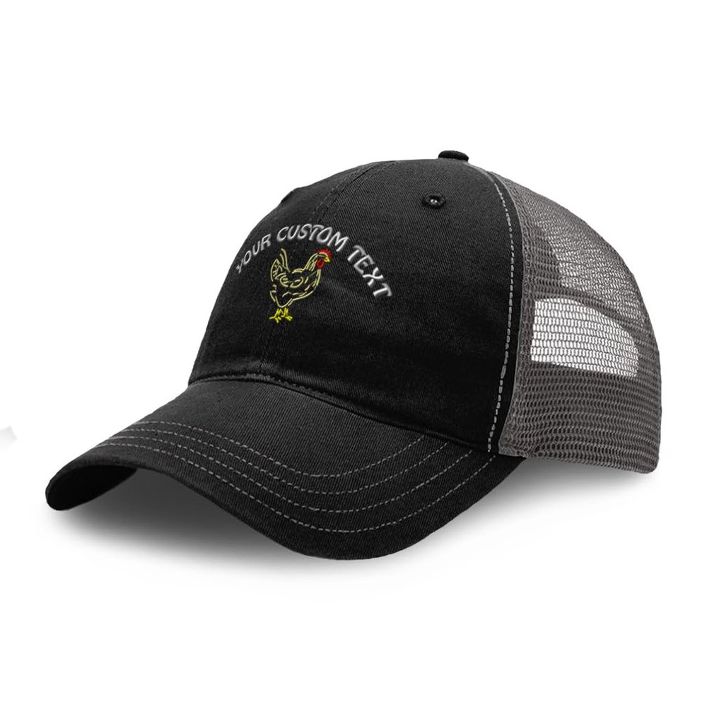 Custom Trucker Hat Richardson Chicken Outline Embroidery Animal Name Cotton Soft Mesh Cap Snaps - Black/Charcoal, Personalized Text Here