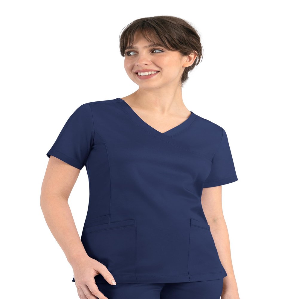 Maevn Matrix Womens Curved Mock Wrap Stretchy Medical Scrub Top Navy