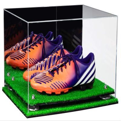 Better Display Cases Acrylic Large Shoe Pair Display Case for Basketball Shoes Soccer Cleats Football Cleats with Mirror, Silver Risers and Turf Base (A082-SR)