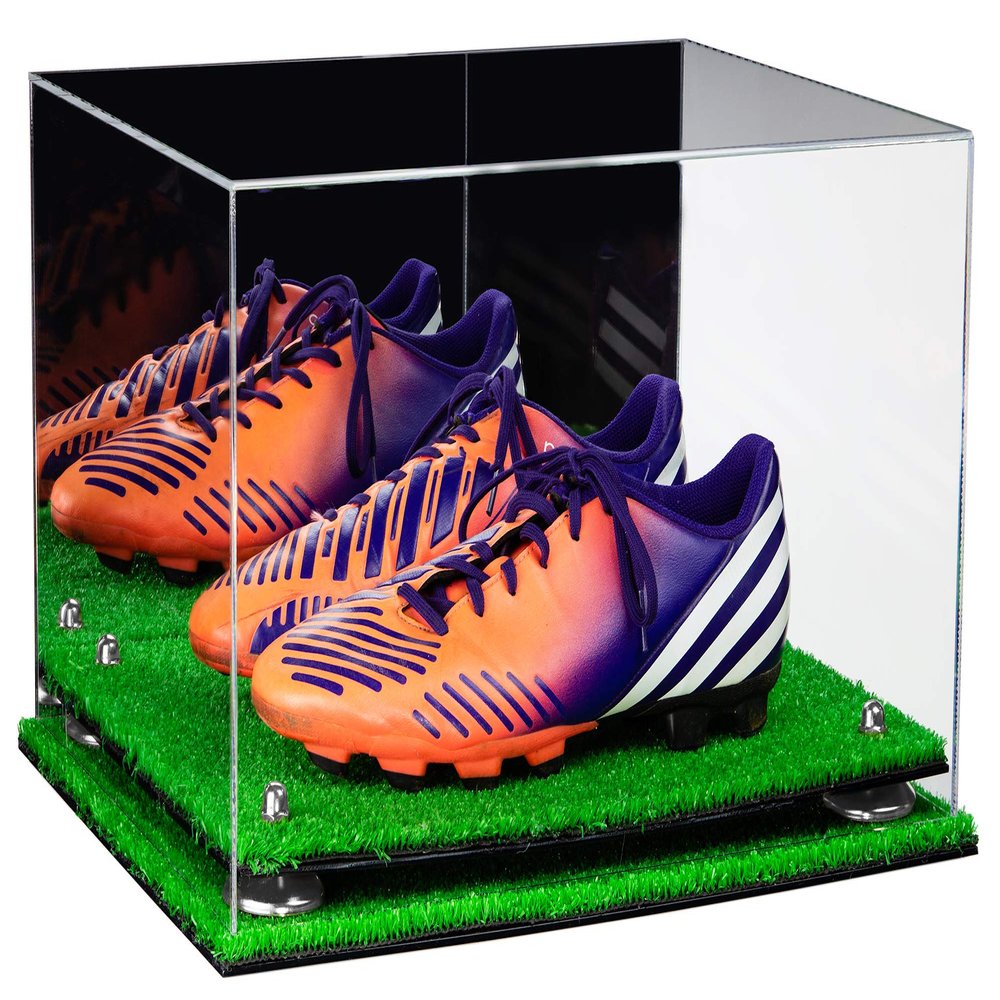 Better Display Cases Acrylic Large Shoe Pair Display Case for Basketball Shoes Soccer Cleats Football Cleats with Mirror, Silver Risers and Turf Base (A082-SR)