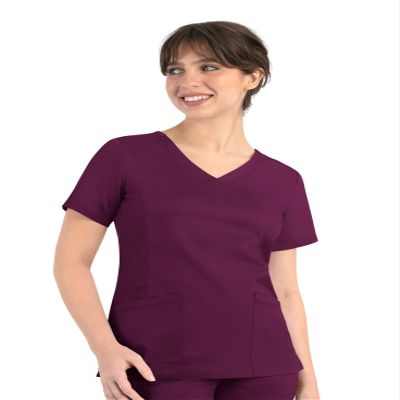 Maevn Matrix Womens Curved Mock Wrap Stretchy Medical Scrub Top Wine