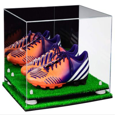 Better Display Cases Acrylic Large Shoe Pair Display Case for Basketball Shoes Soccer Cleats Football Cleats with Mirror, White Risers and Turf Base (A082-WR)