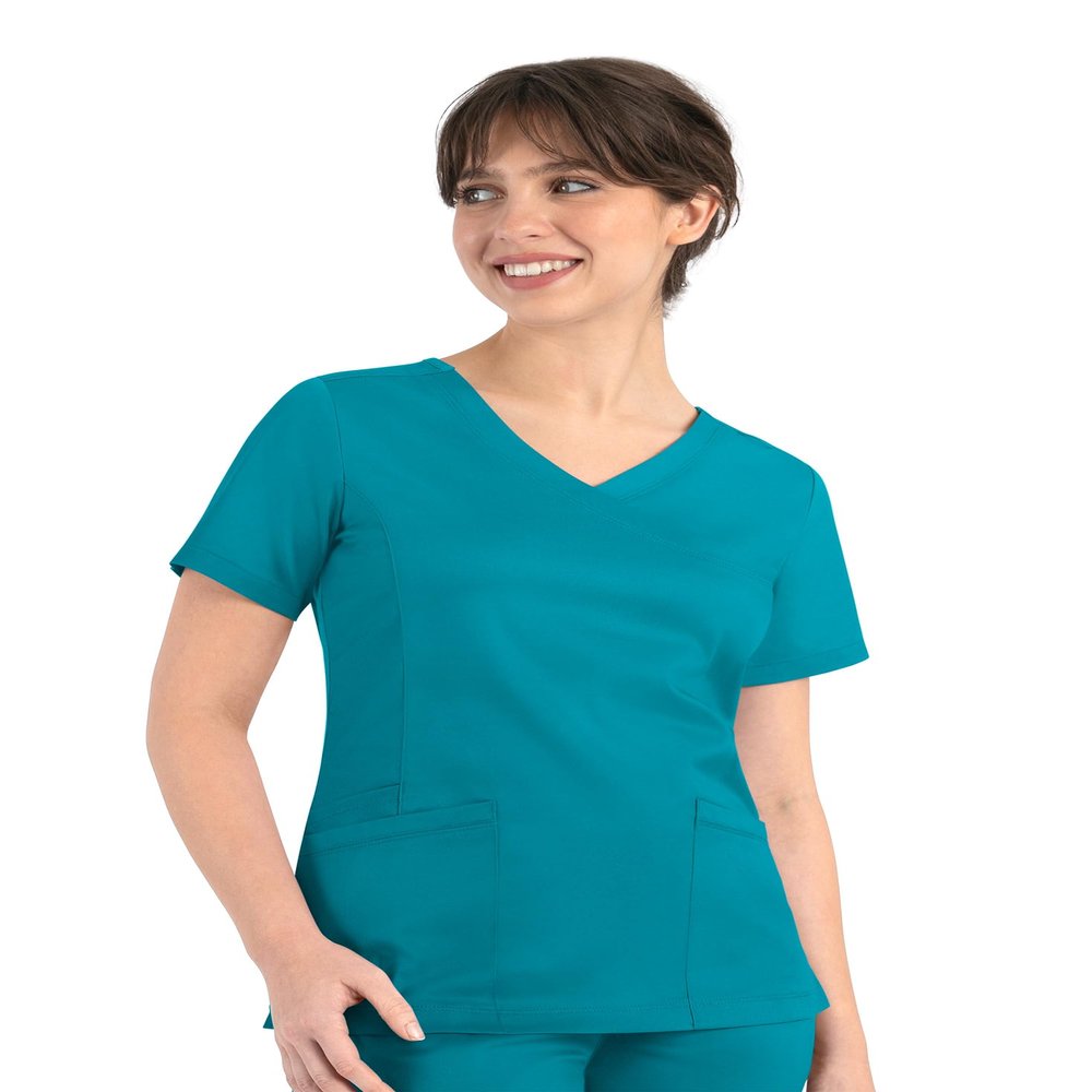 Maevn Matrix Womens Curved Mock Wrap Stretchy Medical Scrub Top Teal