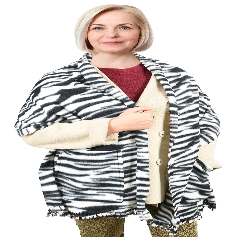 Soft Polar Fleece Fringed Pashmina Shawl Wrap Shoulder Winter Scarf with Pockets