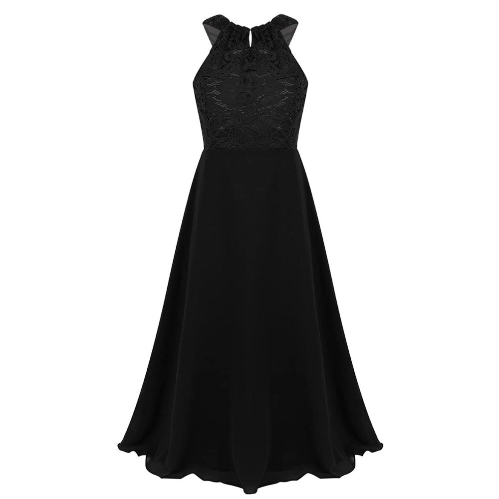Agoky Kids Big Girls Chiffon Pageant Party Wedding Flower Girl Dress Junior Bridesmaid Long Gowns Black Lace Cutout Back 6