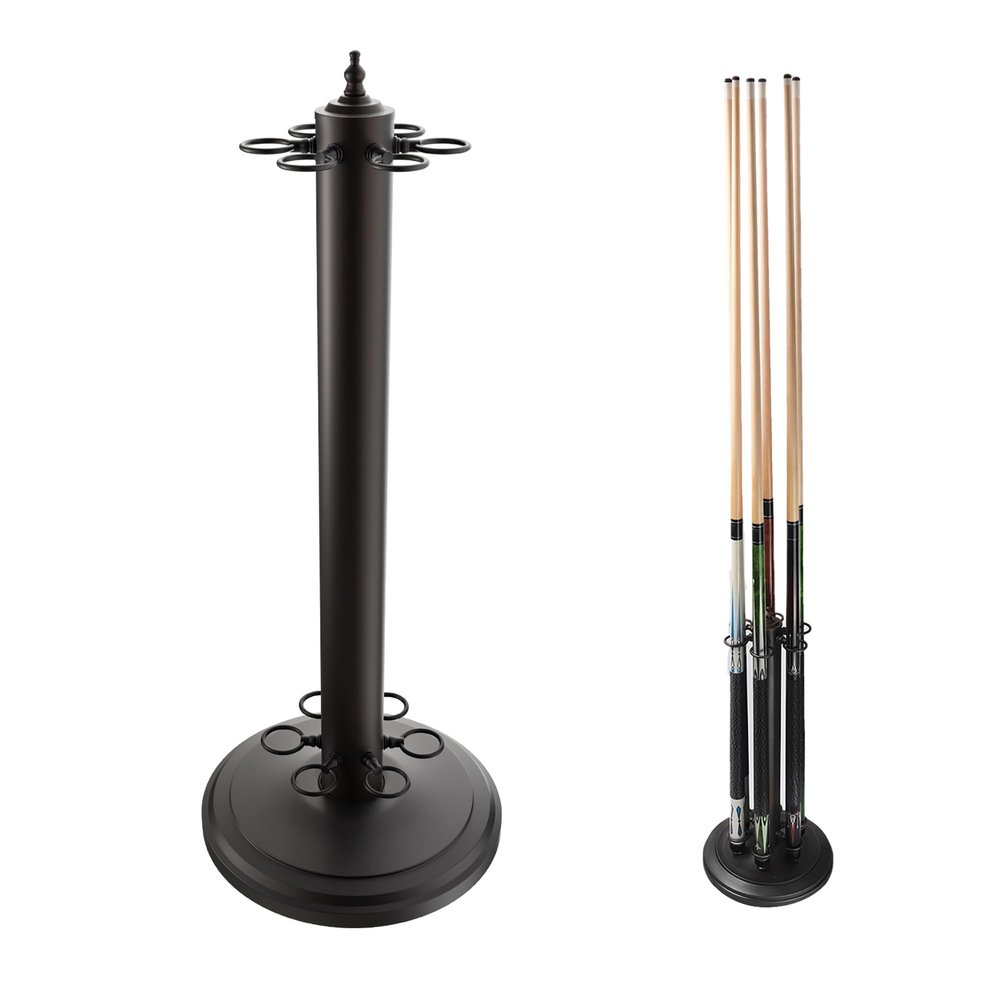 GSE Games & Sports Expert Stand-Style Metal Billiard Pool Cue Rack Only, Holds 6 Pool Sticks, Floor Stand Billiard Cue Rack (Matte Black)