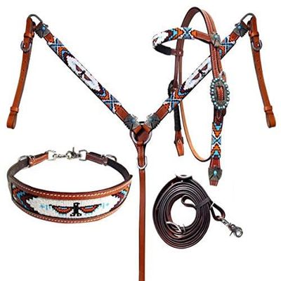 Showman Beaded Thunderbird 4 Piece Headstall, Breast Collar & Wither Strap Set