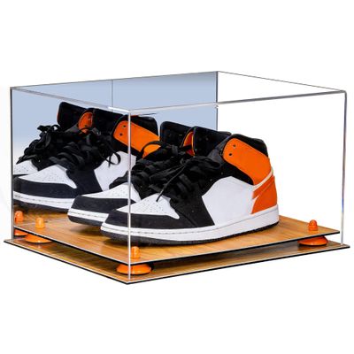 Better Display Cases Acrylic Basketball Shoe Pair Display Case with Mirror, Orange Risers and Wood Base (A082-OR)