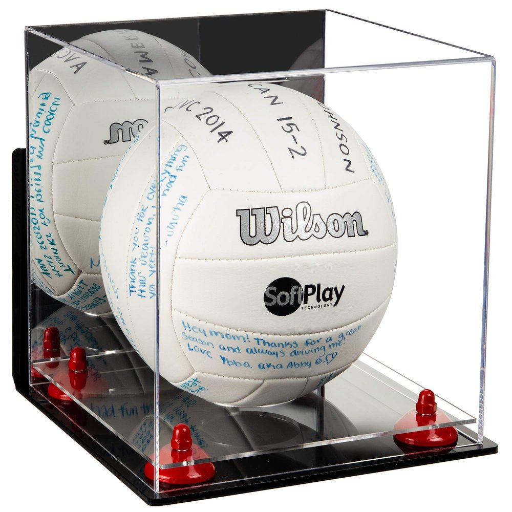 Better Display Cases Acrylic Volleyball Display Case with Mirror Case, Red Risers, Wall Mount and Clear Base 9.75" X 9.75" X 9.75" (A027/B02)