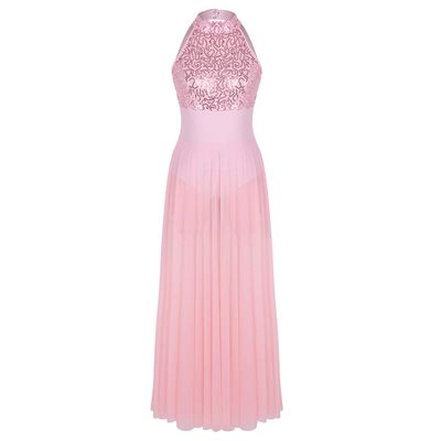 YOOJIA Womens Lyrical Dance Dress Sequins Halter Leotard Maxi Mesh Skirt Modern Contemporary Dancewear Pink Small