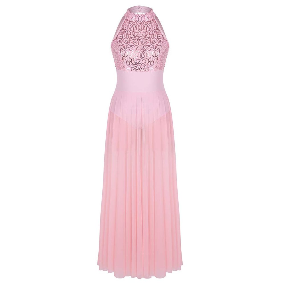 YOOJIA Womens Lyrical Dance Dress Sequins Halter Leotard Maxi Mesh Skirt Modern Contemporary Dancewear Pink Small