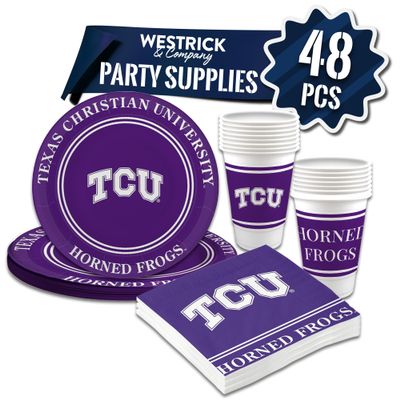 TCU Horned Frogs Party Supplies 48 Piece Officially Licensed University Set: 16 oz. Plastic Beverage Cups, 9" Paper Plates, Luncheon Napkins, Complete Party Supplies for 16 Guests by Westrick