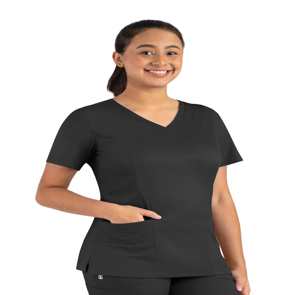 Maevn Matrix Womens Modern Fit Double V-Neck Medical Nurse Scrub Top, 3 Pockets, Inner Utility Loop, Bungee Loop Black