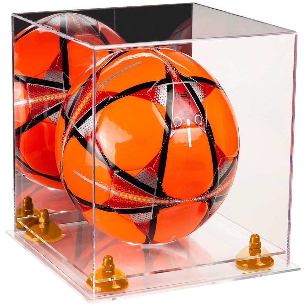 Better Display Cases Acrylic Display Case for Collectibles, Full Size Soccer Ball Display Case,Orange Risers & Clear Base, Handcrafted Showcase Box.DIM;9.75" L x 9.75" W x 9.75" H. (A027-OR)