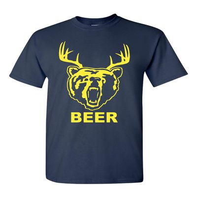New Beer Deer Bear Sunny Mac Funny TV Adult T-Shirt Tee (Medium, Navy Blue w/Yellow)