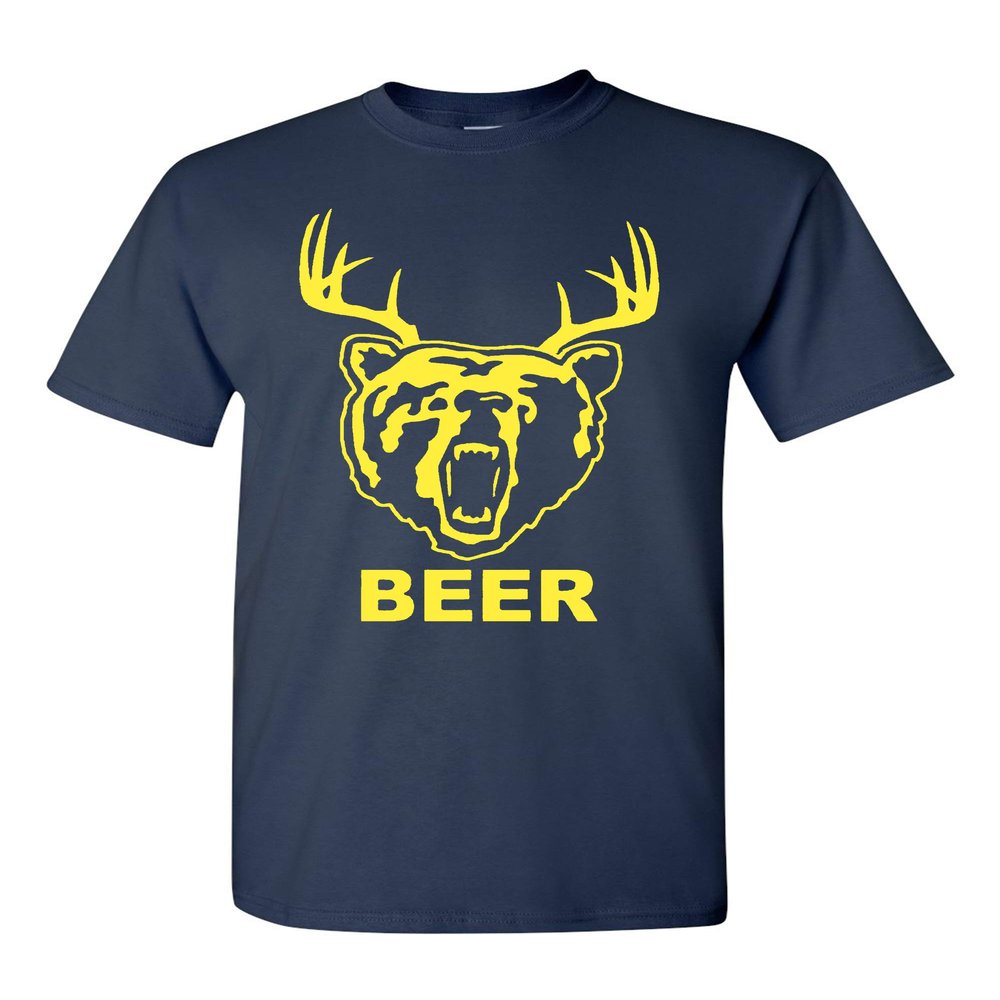 New Beer Deer Bear Sunny Mac Funny TV Adult T-Shirt Tee (Medium, Navy Blue w/Yellow)