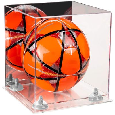 Better Display Cases Acrylic Display Case for Collectibles, Full Size Soccer Ball Display Case,White Risers & Clear Base, Handcrafted Showcase Box.DIM;9.75" L x 9.75" W x 9.75" H. (A027-WR)