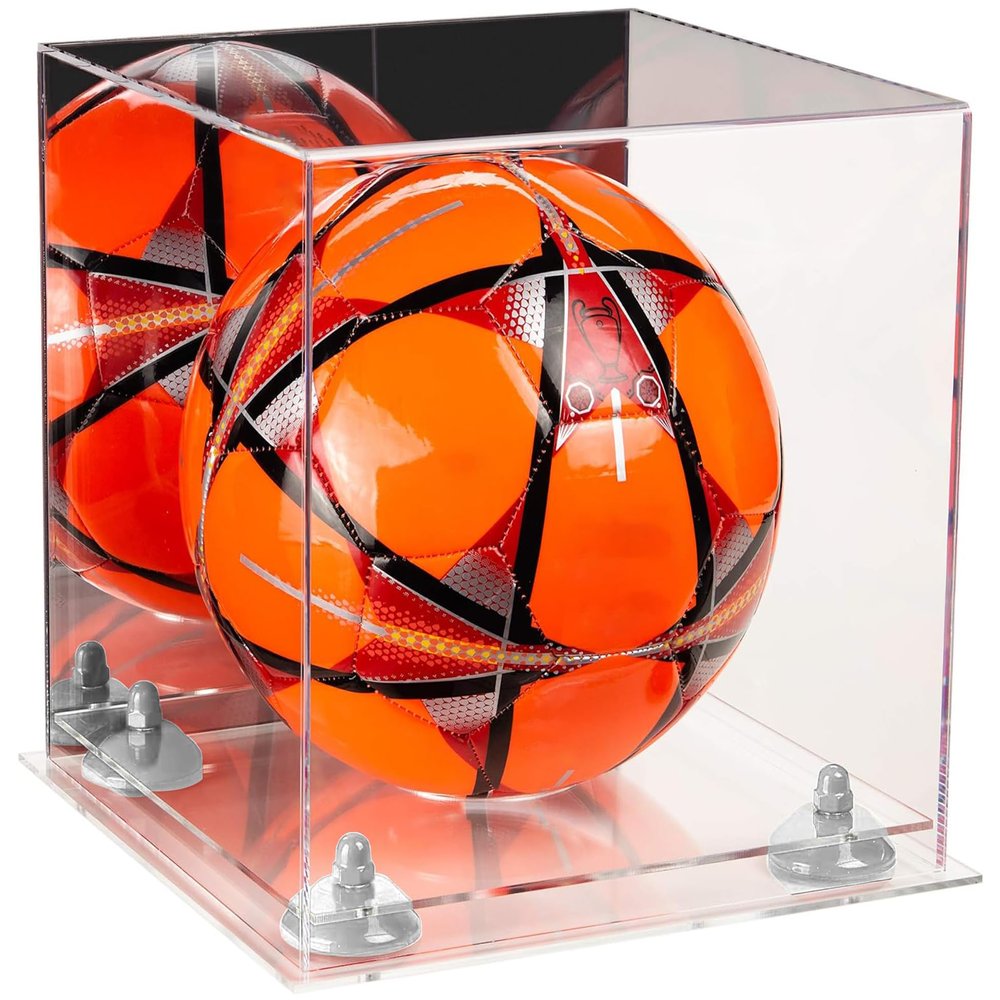 Better Display Cases Acrylic Display Case for Collectibles, Full Size Soccer Ball Display Case,White Risers & Clear Base, Handcrafted Showcase Box.DIM;9.75" L x 9.75" W x 9.75" H. (A027-WR)