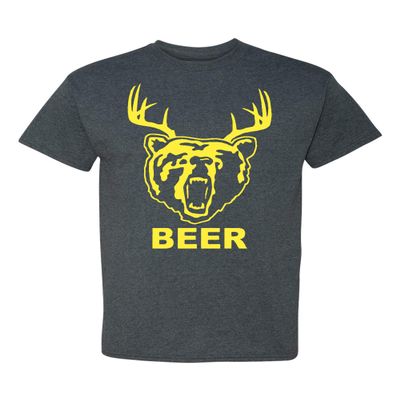 New Beer Deer Bear Sunny Mac Funny TV Adult T-Shirt Tee (Small, Dark Heather w/Yellow)