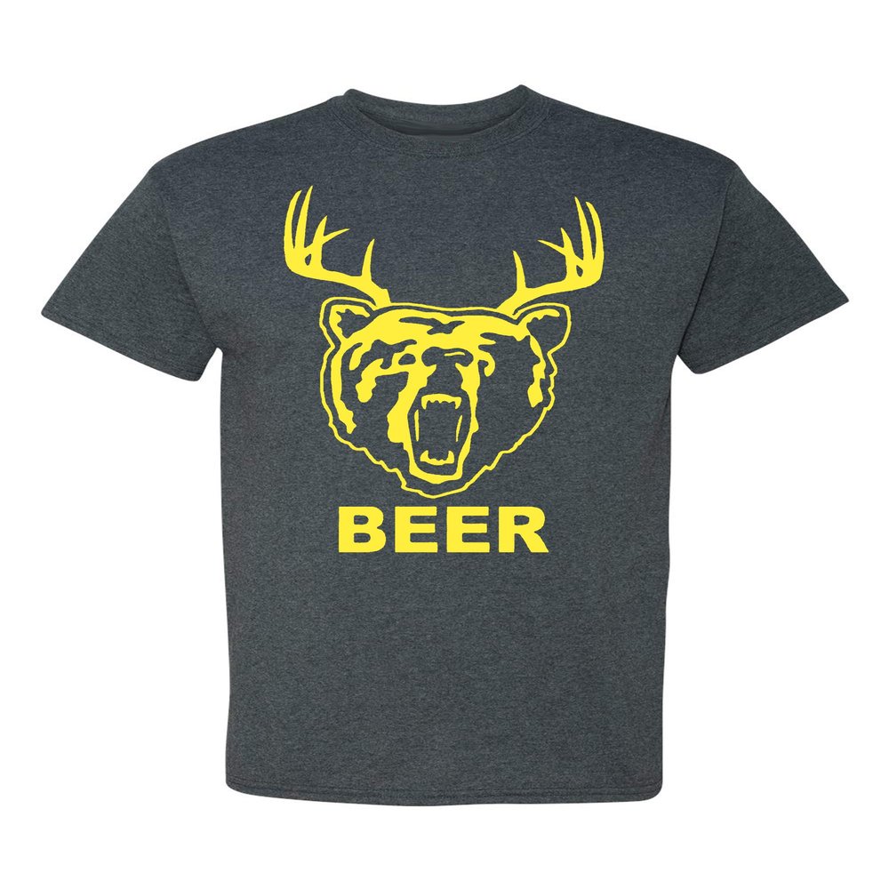 New Beer Deer Bear Sunny Mac Funny TV Adult T-Shirt Tee (Small, Dark Heather w/Yellow)