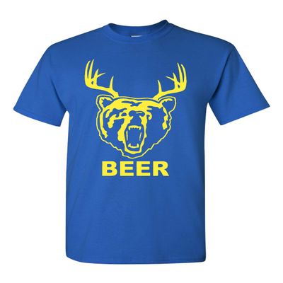 New Beer Deer Bear Sunny Mac Funny TV Adult T-Shirt Tee (X Large, Royal Blue w/Yellow)