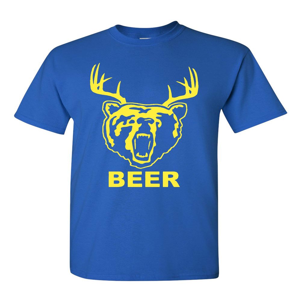 New Beer Deer Bear Sunny Mac Funny TV Adult T-Shirt Tee (X Large, Royal Blue w/Yellow)