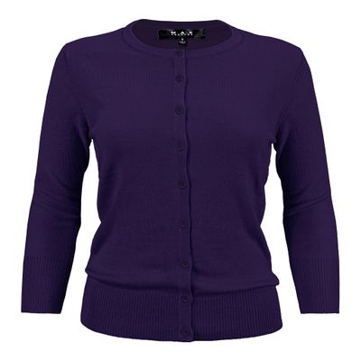 YEMAK Women's Knit Cardigan Sweater  3/4 Sleeve Crewneck Basic Classic Casual Button Down Soft Lightweight Knitted Top CO079-Grape-S