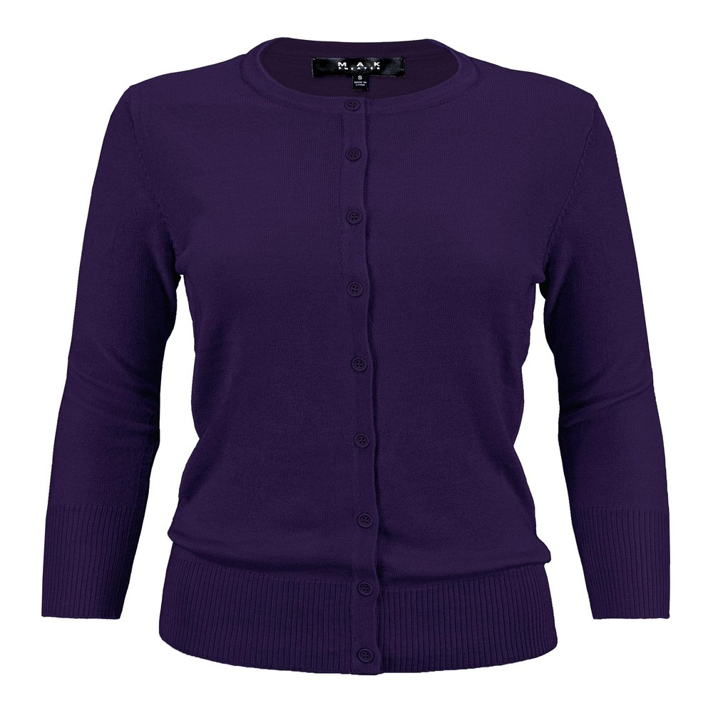 YEMAK Women's Knit Cardigan Sweater 3/4 Sleeve Crewneck Basic Classic Casual Button Down Soft Lightweight Knitted Top CO079-Grape-S
