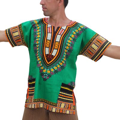 RaanPahMuang Traditional African Dashiki Shirt in Light Thin Grade Batik Cotton, 7X-Large, Dark Green
