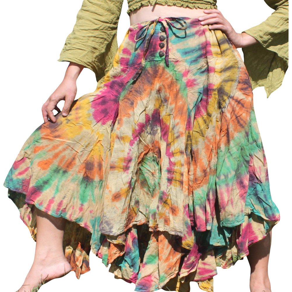 Full Funk Wide Pleated Full Flowing Gypsy Maxi Dancing Skirt Tie Dyed, Medium, Camel Brown