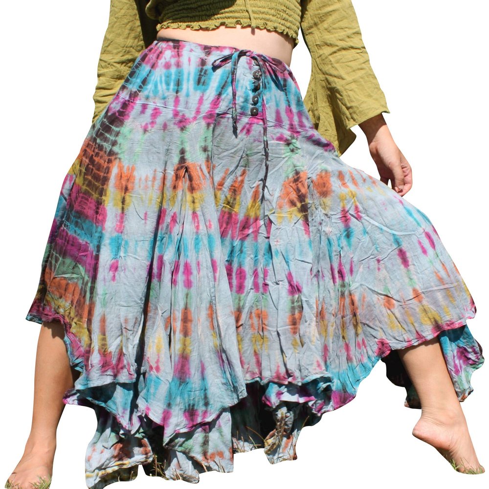 Full Funk Wide Pleated Full Flowing Gypsy Maxi Dancing Skirt Tie Dyed, Medium, Gray Multi-Coloured