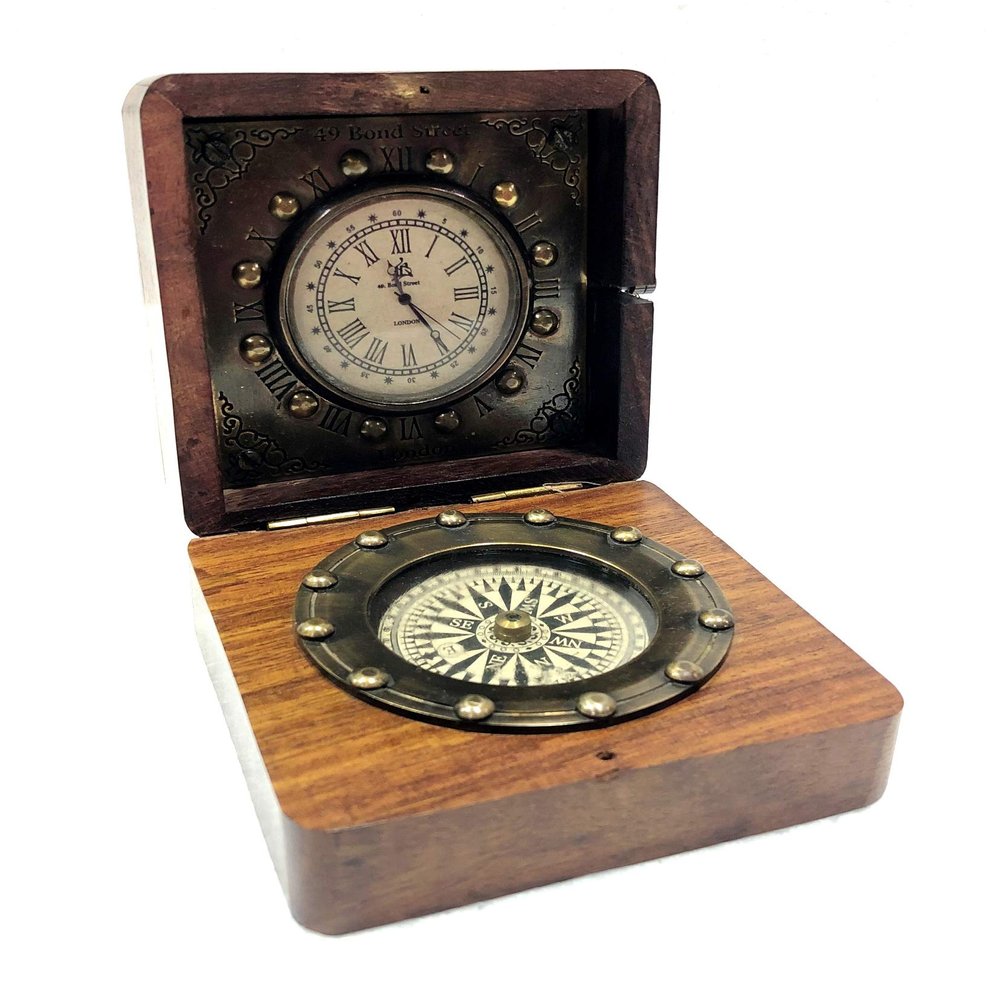 Antique Pocket Beautiful Compass Analog Clock 3.5" Brass Navigation Pocket Solid Brass Compass