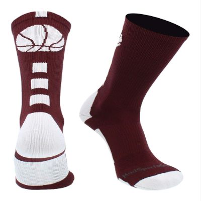 MadSportsStuff Basketball Socks for Boys Girls - Youth & Adult Athletic Crew Socks - Cushioned Moisture Wicking - X-Large, Maroon/White