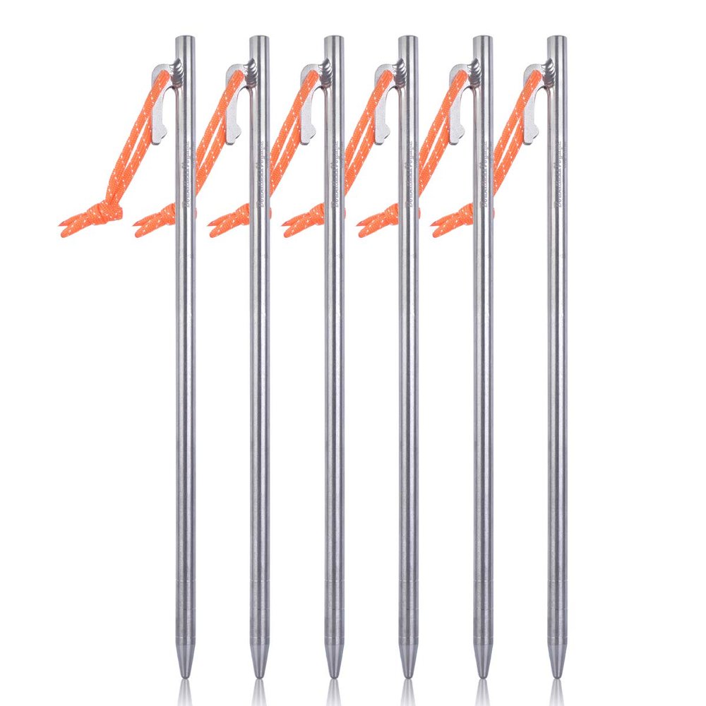 iBasingo 30cm Heavy Duty Titanium Tent Stakes 6-Pack, for High Wind & Rocky Ground, TC4 8mm 71.5g/pc with Reflective Guy Lines Ti4012P