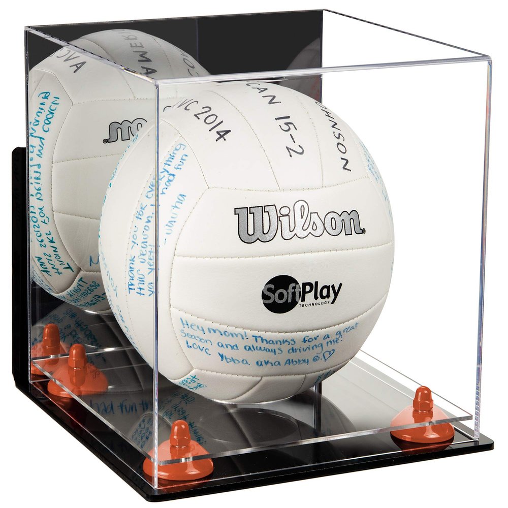 Better Display Cases Acrylic Volleyball Display Case with Mirror Case, Orange Risers, Wall Mount and Clear Base 9.75" X 9.75" X 9.75" (A027/B02)