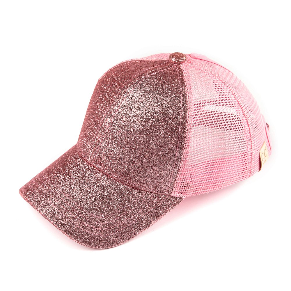 C.C Kids Glitter Ponytail Baseball Cap Sparkly Toddler Trucker Hat for Girls with Messy Bun Slot, Adjustable Velcro, Fits 20"-21" Head Circumference (Ages 2-5) (Pink)