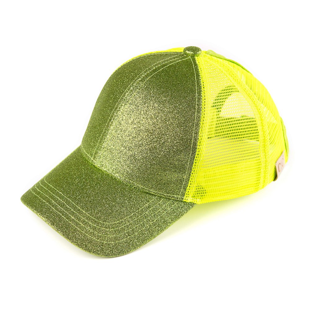 C.C Kids Glitter Ponytail Baseball Cap  Sparkly Toddler Trucker Hat for Girls with Messy Bun Slot, Adjustable Velcro, Fits 20"-21" Head Circumference (Ages 2-5) (Lime)