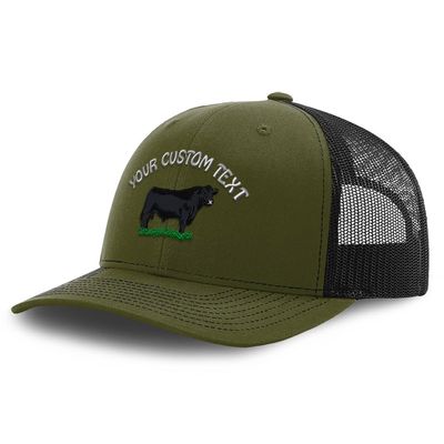 Custom Richardson Trucker Hat Angus Bull Embroidery Animal Name Polyester Baseball Mesh Cap Snaps - Loden/Black, Personalized Text Here