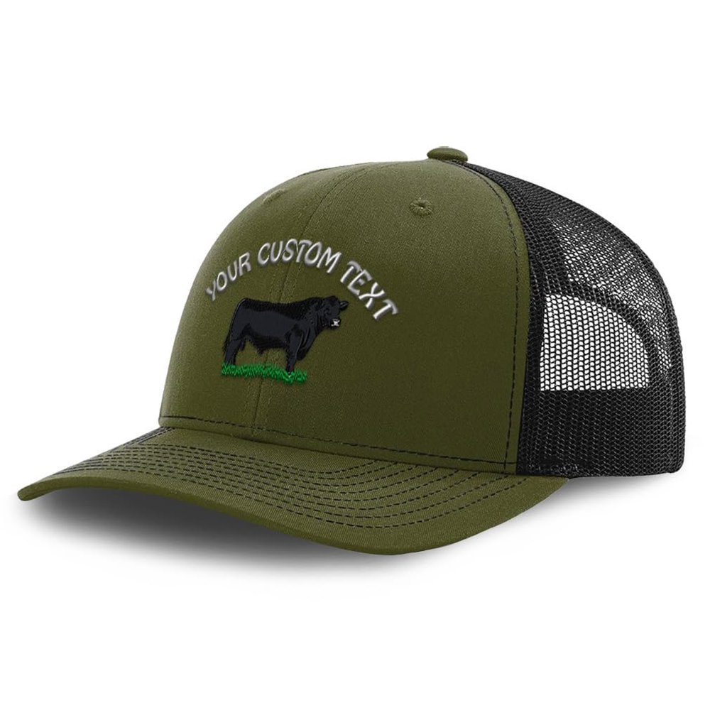 Custom Richardson Trucker Hat Angus Bull Embroidery Animal Name Polyester Baseball Mesh Cap Snaps - Loden/Black, Personalized Text Here