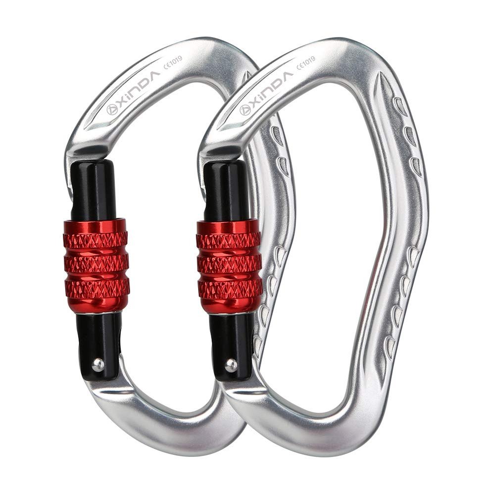 XINDA 22KN Screwgate Climbing Carabiner Clip, Heavy Duty Offset D-Ring Locking Carabiner Large, CE UIAA Certified Carabiner Hooks for Climbing Hammock (2 pcs Silver)