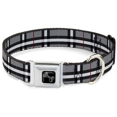 Dog Collar Seatbelt Buckle Tartan Plaid3 Gray Black White Red 18 to 32 Inches 1.5 Inch Wide