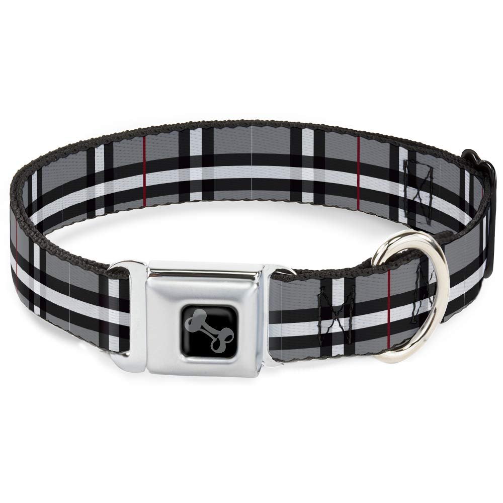 Dog Collar Seatbelt Buckle Tartan Plaid3 Gray Black White Red 18 to 32 Inches 1.5 Inch Wide
