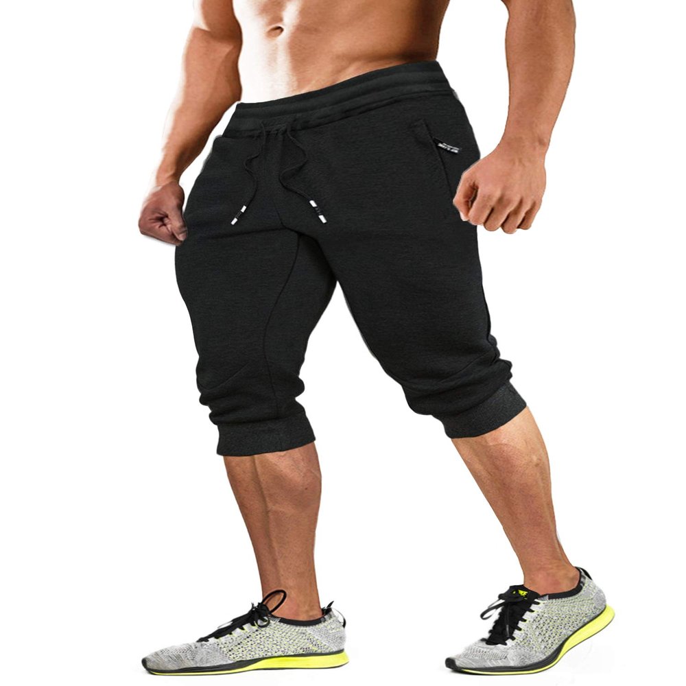 MAGCOMSEN Mens Capri 3/4 Pants Athletic Workout Joggers Cotton Slim Fit Below Knee Long Shorts with 3 Pockets Black 40