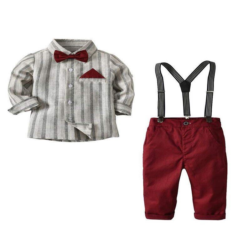 Abolai Gentleman Boys Clothing Set Bow Ties Shirts + Suspenders Pants Outfits Suits Grey 120