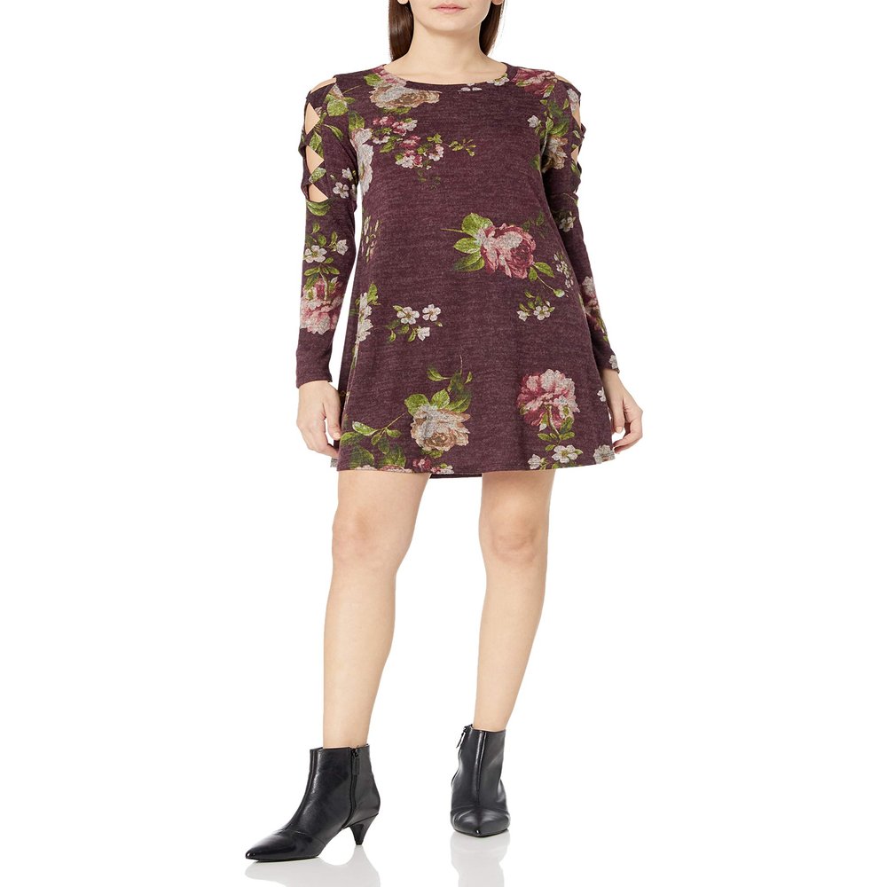 A. Byer Juniors Swing Dress, Burgundy Floral, Medium